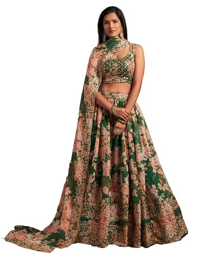 Delisa Indian Ready To Wear Lehenga Choli For Women With Duppatt and Stitched Blouse, Bridesmaid, Party, Festival Wear-7202 (Green, 42)