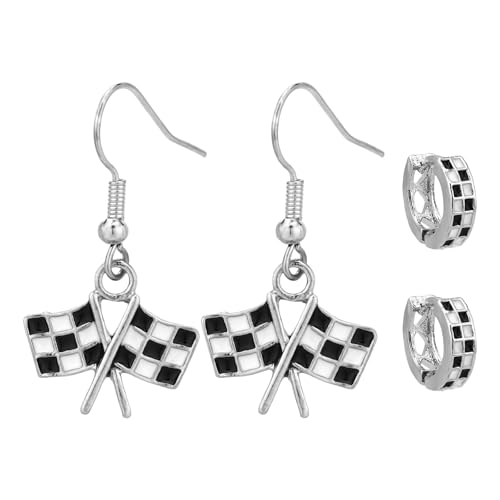 2 Pairs Checkered Earrings 2 Design Black and White Ladies Checkered Flag & Hoop Pendant Earring Vintage Jewelry Accessories Womens Racing Charm for Race Drivers and Fans Gift