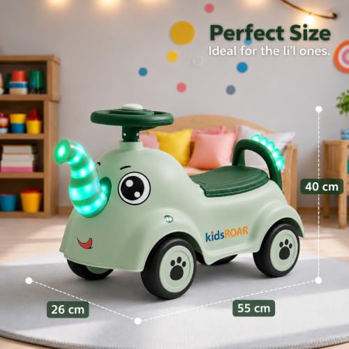Image of kidsROAR Push Ride On Car for Kids 1-5 Years | Baby Push Car with Music, 3D Lights & Backrest | Premium Ride On Toy Supports Up to 35kg (Big Elephant, Green)