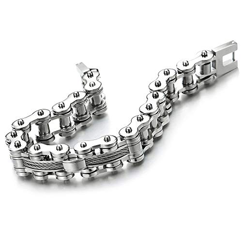Coolsteelandbeyond Masculine Mens Large Steel Id Identity Bike Chain Bracelet Inlaid With Twisted Cable, Hip Hop Rock #TOP13