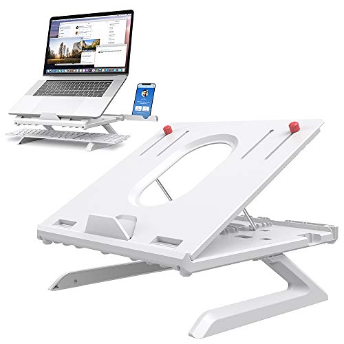 Laptop Stand Holder Built-in Foldable Legs&Phone Holder,8-Adjustable Height Laptop Riser,Klearlook Portable Air-Ventilation Ergonomic Notebook Support Tray Keybord Desk Storage for Laptop&Tablet-White