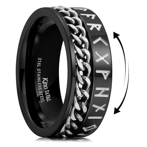 Bague viking écriture argentée alliance King Will en acier noir cadeau homme et femme