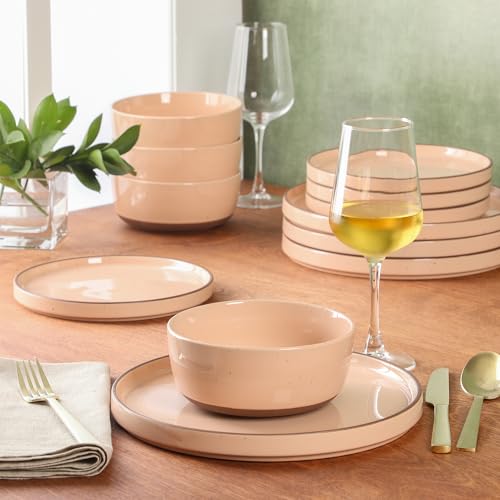 Image of Gibson Elite Northrock Stoneware Dinnerware Set, 12-Piece Service for 4 Plates and Bowls Set - Pink Dishes with Hand-Painted Terracotta Base