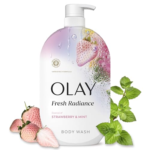 Olay Body Wash for Women, Fresh Radiance, 24/7 Skin-Loving Freshness, Visibly Radiant, Plant Based Cleansers, Vitamin B3 & Antioxidant Blend, For All Skin Types, Strawberry & Mint Scent, 35 fl oz