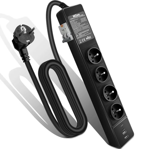 MDee RCD Multiprise avec 4 Ports USB, 3680W Multiprise Electrique avec disjoncteur différentiel, 4 Prises de type E, 16A, avec Interrupteur FI/Circuit Breaker, Câble...