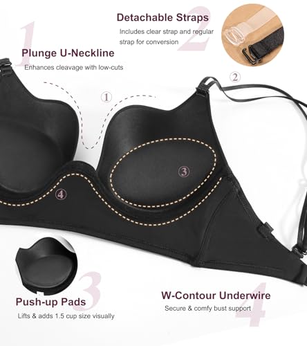 Image of Lemorosy Plunge U Backless Push Up Bra Multiway Convertible Low Cut Underwire Bras for Women
