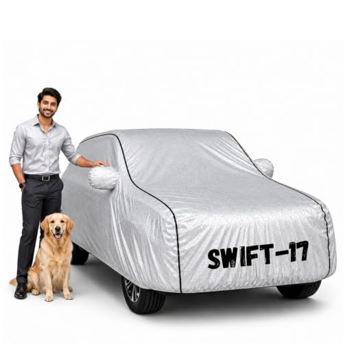 Image of Waterproof Car Cover for Swift 2012-17 | Soft Cotton Lining Heavy Duty Triple Stitched Heat Resistant Outdoor Cover Comes with Mirror and Antenna Pocket Full Bottom Elastic (Zig Zag Silver)