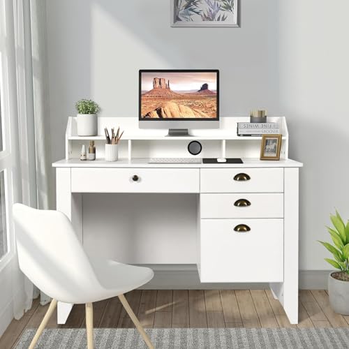 White Desk with 4 Drawers Storage, Computer Small Desk with File Drawer and Hutch, Student Desk Kids Desk for Bedroom, Home Office, White