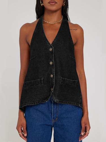 Image of Tankaneo Womens Halter Denim Vest Tops Summer Sleeveless Open Back Y2K Going Out Jean Tank Tops V Neck Button Up Waistcoat