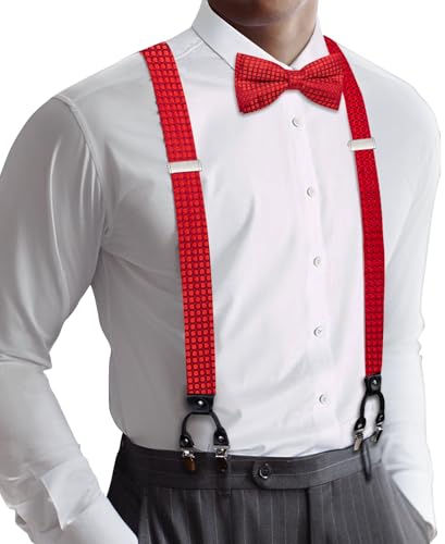 Image of YOHOWA Men Suspenders 6 Clips Strength Adjustable Y Braces Pre-Tied Bow Tie Set Formal Wedding Party