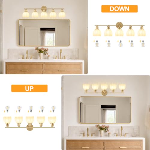 Image of Bathroom Light Fixtures, 5-Light Brushed Gold Vanity Lights for Bathroom with White Tulip Glass Shade, 30 inch Vintage Bathroom Vanity Lighting Fixtures Over Mirror for Bedroom Living Room Hallway