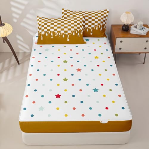 Image of Mustard Orange Checkered Zipper Bedding Full - 4 Piece Zip Up Comforter Set with Fitted Sheet & Pillowcases,Durable Bed-in-a-Bag Set Bedding for Kids,Checkerboard Drip Cool Aesthetic Funky Geometric