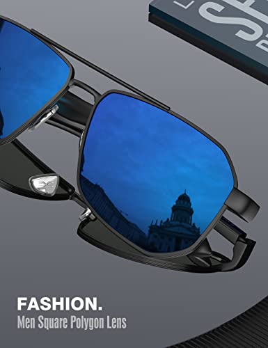 Luenx Aviator Sunglasses For Men Square Polarized Polygon Lens - Uv 400 Protection With Accessories(Mirror Dark Blue Lens) #TOP2
