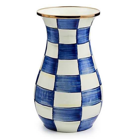 MACKENZIE-CHILDS Tall Enamel Vase, Unique Flower Vase, Decorative Table Decor for Living Room, Blue-and-White Royal Check