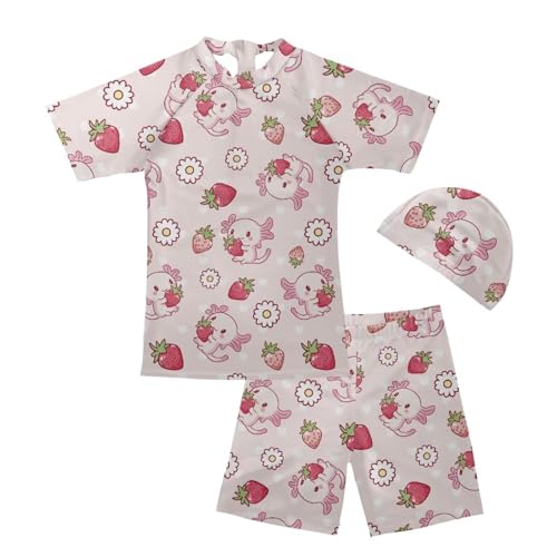 Girls 3 Piece Swimsuits Set Bathing Suit Short Sleeve Swim Shirt with Trunk and Hat 5-14 Years