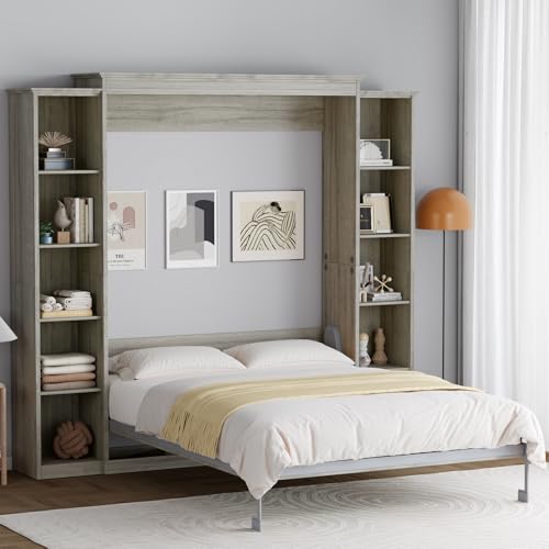 Rophefx Queen Murphy Bed Cabinet with 5-Tier Adjustable Storage Shelves, Queen Wall Bed Cabinet Bed, Wood Space Saving Beds, Foldable Platform Beds, Hidden Bedframe for Guest Room, Bedroom,Grey