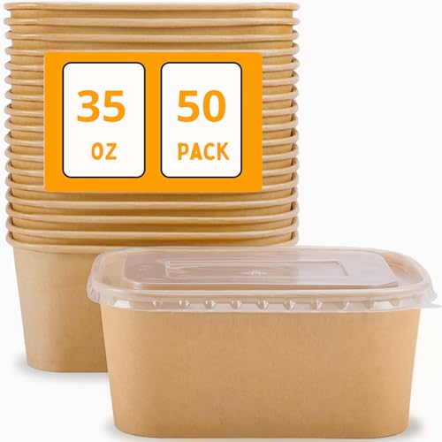 Gdotmely 50 Pack Paper Food Containers with Lids,35 oz Kraft Paper Bowls,Cardboard Meal Prep Containers with Lids for Salad,Snacks,Desserts,Hot/Cold Food,Rectangular Disposable Bowls