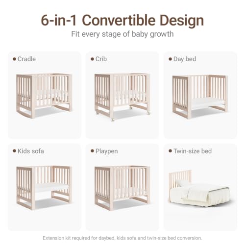Image of MAMAZING EvoNest 6-in-1 Convertible Baby Mini Crib with Wheels | GREENGUARD Gold Certified, New Zealand Pine Wood, 4 Adjustable Heights, Rocking Mode, Small Spaces Design, Washed Natural