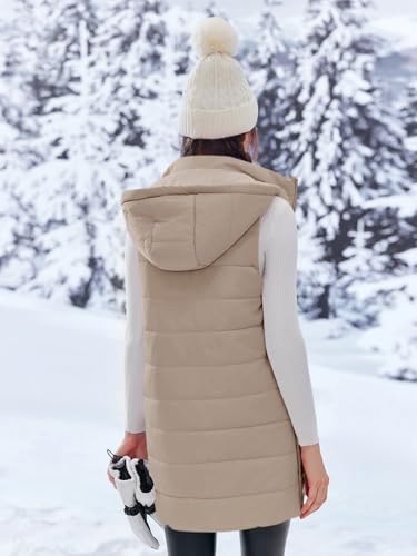 Imily Bela Damen Steppweste Lange Leichte Weste mit Kapuze Ärmellos Winterjacke Warm Übergangsweste,Khaki, S