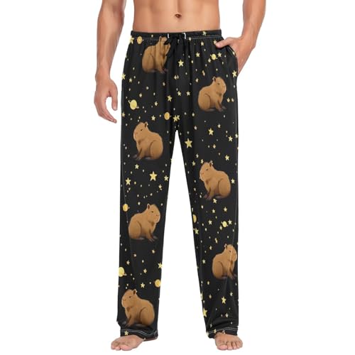 Funny Brown Capybara Pajama Pants Yellow Stars Men's Pajama Bottoms Lounge Sleepwear PJs Casual Lightweight Sleep Pants M3