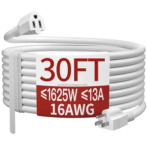 Image of 16 /3 13A 125V 1625W 30 FT Outdoor Extension Cord Waterproof, Weatherproof & Flame Retardant White 3 Prong Power Cord Outside for Lawn & Garden,125 VAC 16AWG SJTW, ETL Listed