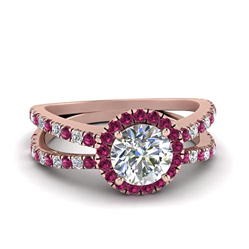 Image of 55Carat Choose Your Gemstone Reverse Split Shank Halo Diamond CZ Ring Rose Gold Plated Round Shape Halo Engagement Rings Matching Jewelry Wedding Jewelry Easy to Wear Gifts US Size 4 to 12