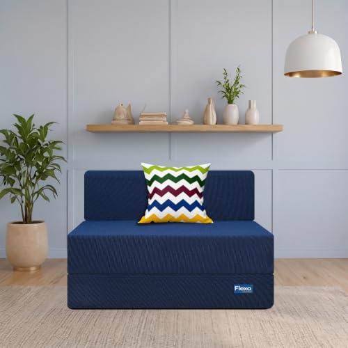 Image of Starlon 1 Seater Foldable Sofa Cum Bed 3-in-1 with 1 Waves Pattern Pillow, Washable Jute Fabric Cover, Space Saving Guest Bed, Pre-Assembled Royal Navy Blue 3x6 Ft