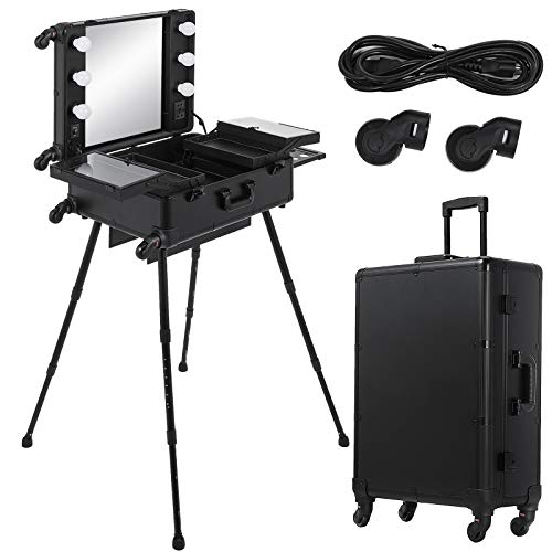 BuoQua Rolling Makeup Station Case 28x21x54 Studio Artist Cosmetic Makeup Beauty Case with 6 Lights Mirror Adjustable Legs Lockable Train Table (Black)