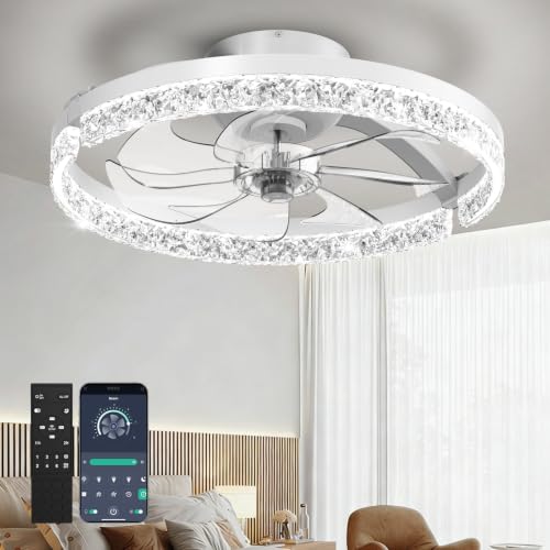 Ceiling Fans with Lights and Remote​ | Low Profile Ceiling Fan with APP Control, 3000K-6500K Dimmable, Modern Flush Mount Fandelier for Bedroom Clear
