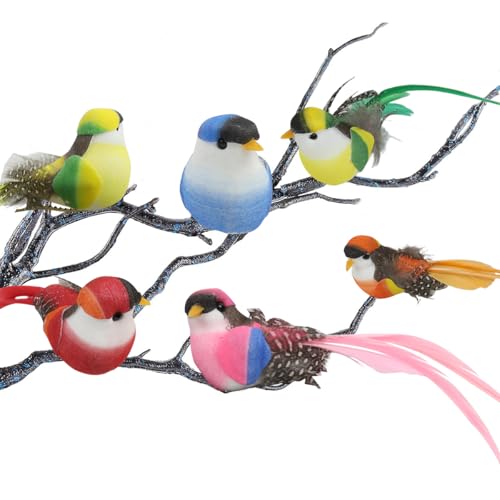 Image of ORTIZA 6Pcs Realistic Birds with Built in Metal Clip Colorful Long-tailed Silky-flycatcher Birds for Home Decor Small Decorative Realistic Colorful Birds for Planter, Ivy, Flower Pot