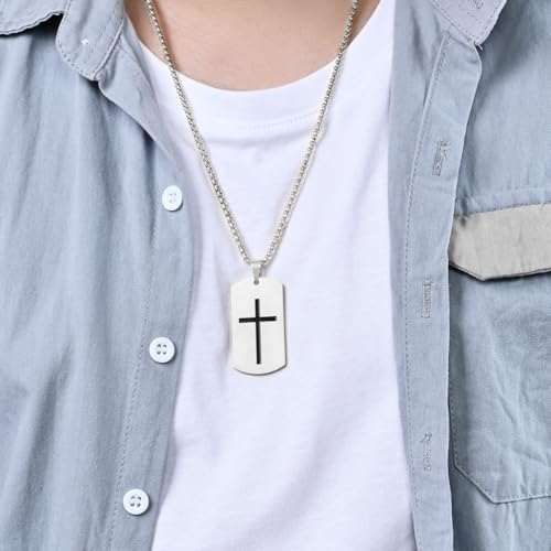 Cross Dog Tag Necklace for Men,Stainless Steel Silver/Gold/Black Military Tag Bible Verse Inspirational Pendant Necklace Jewelry，60cm Rolo Chain2