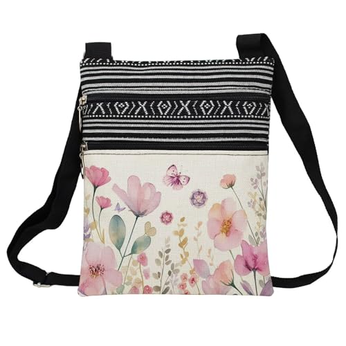 Pink Floral Messenger Bag Small Ethnic Pattern Printed Adjustable Strap Crossbody Zipper Bag Pink Floral Phone Bag Wallet Cute Shoulder Handbag for Women
