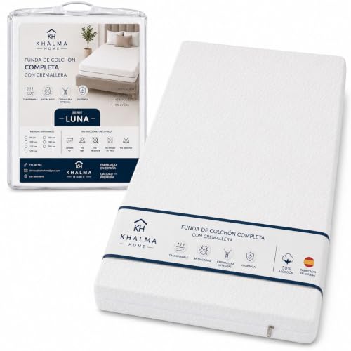 KHALMA HOME Funda Protectora para Colchón Acolchada con Cremallera | Funda Colchón de Algodón Transpirable | Funda para Colchón Antiácaros, Antichinches, Ajustable,Fabricada En España. (90 X 190)