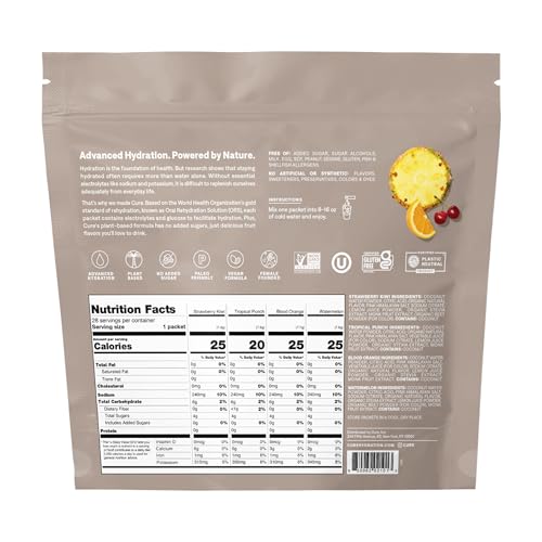 Cure Hydration | Plant-Based Electrolyte Drink Mix | No Added Sugar | FSA-HSA | Dehydration Relief Powder Made with Coconut Water | Non-GMO | Vegan | 28 Packets - Tropical Variety Pack