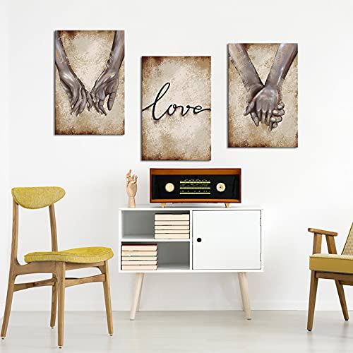 Fushvre 3 Piece Hand In Hand Painting Print Love Sign Promise Canvas Wall Art Romantic Decorative Picture Gift For Couple Lovers Anniversary Bedroom Living Room Bathroom 16"X24"X3Pcs Framed #TOP4
