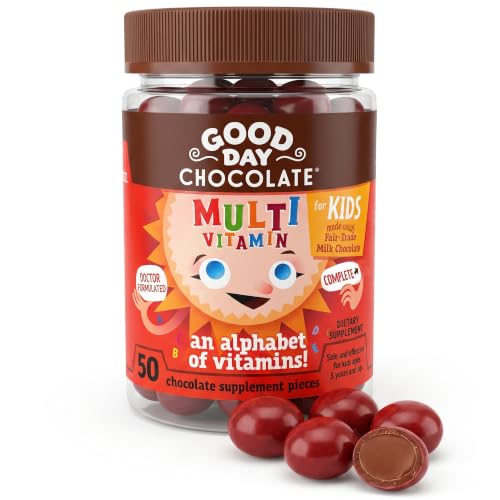 Good Day Chocolate Complete Multivitamin for Kids Daily Supplement of Vitamins A B6 B12 C D E Folate and Biotin Fair Trade and Non-GMO Chocolate 50 Pieces
