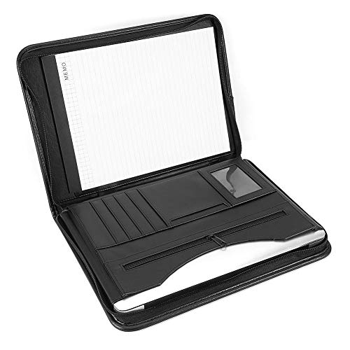 Estink A4 Portfolio Folder, PU Leather Zipped Business Travel Document Organizer with Card Holders and Pockets, Black