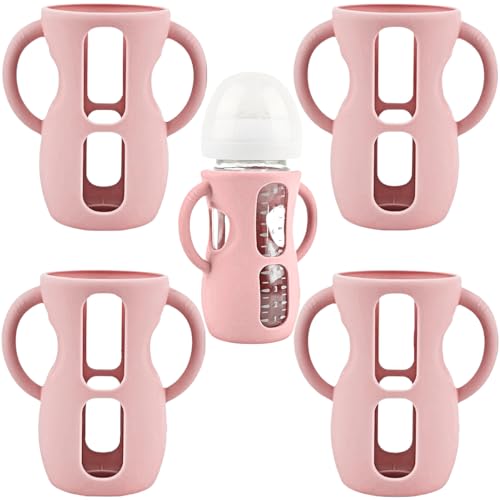 Frezonika 4 Pack Silicone Sleeves for Avent Natural Glass Baby Bottles, Silicone and Easy-Grip Handles for Drop Protection, Compatible with Philips Avent 4/8 OZ Glass Bottle (Cute Pink, 8 OZ)