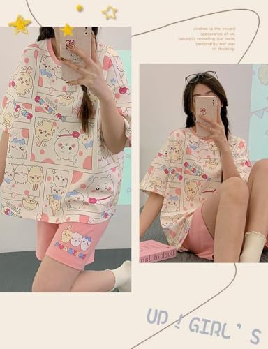 Cartoon Printed Pajamas Set Petite Women Girls Sleepwear Nightwear Short Sleeve Shirt and Shorts 2 Piece Lounge Sets4