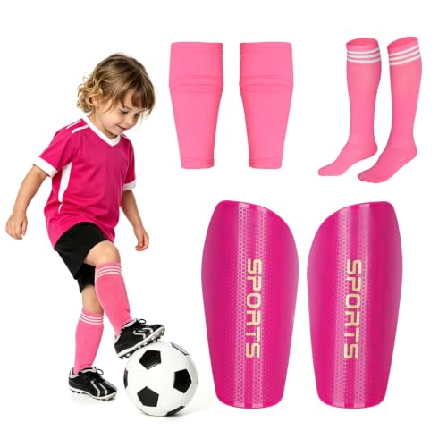 Soccer Shin Guards Toddler and Kids, Shin Pads Set with Shin Sleeves and Long Soccer Socks for Age 2-4 Boys and Girls, Lightweight Soccer Equipment (Rose Red, S)