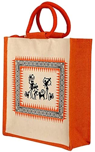 Image of Eco-Friendly Jute Bag | Printed Tiffin /Shopping /Reusable Hand Bag | With Zipper Pocket & Handle | For Men and Women (Orange)