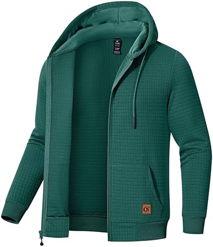 Satankud Men's Jacquard PlaidCloth Lightweight Zipper Hoodie Sweatshirt Jacket Blackish Green Small