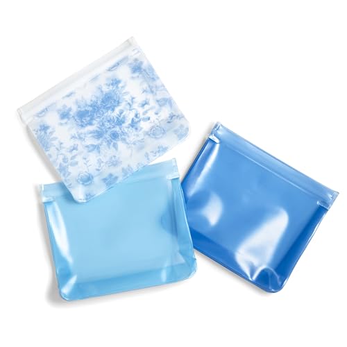 Fit & Fresh Reusable PEVA Storage Bags 3 Pack, Reusable Food Storage Bags, LeakProof, Durable, Sandwich Bags, Freezer Safe, Hand Wash, Easy to Clean, Eco-Friendly, Blue Floral Toile