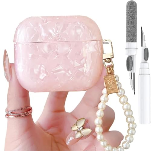 Cute Case for Airpods Pro Case Cover with Cleaner kit,Ffor AirPod Pro with Pearl Wrist Chain, Bling Marble Design Hard TPU Cover with Keychain,(Fit Airpods Pro - Pink)