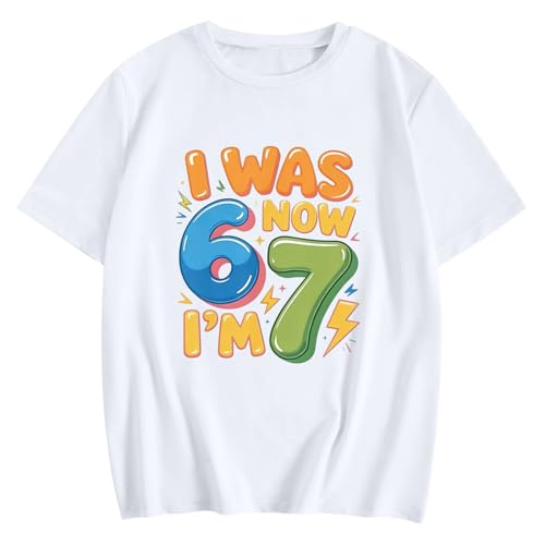 Weripoah I was 6 Now Im 7 Birthday Decorations Shirts Boy 7yr Old Gifts Shirt Boys 7th Party Graphic Tee Cute Tshirt for Kids(White 130)
