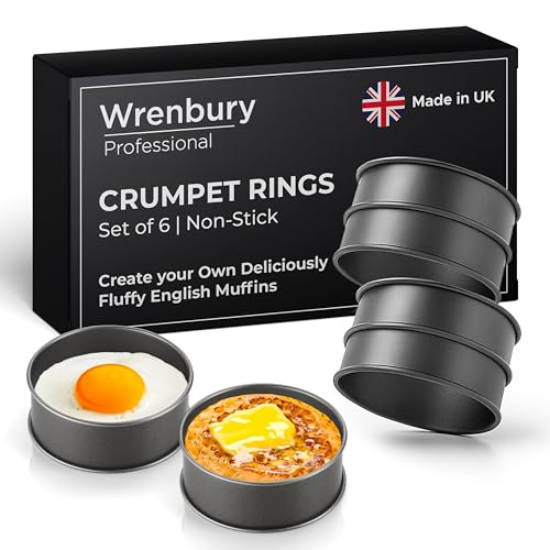 Wrenbury Crumpet Rings Nonstick 3.5 inch - English Muffin Rings - Set of 6 Food Ring Molds for Cooking &ndash; Metal Baking Egg Ring Set - Made in England