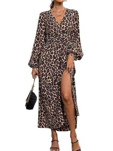 Damen Langarm Kleid Freizeitkleid Winterkleid V-Ausschnitt Seitenschlitzen Casual A-Linie Kleider Strand Maxikleid Elegant Kleid Leopardenmuster XL