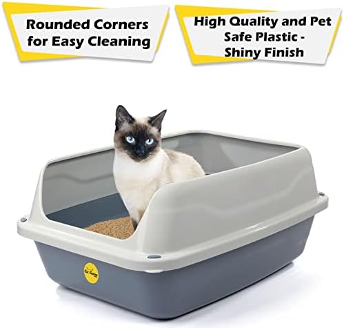 Big Grey Open Cat Litter Tray + Cream Tray Mat High Sided Rim Extra Deep Anti-Spillage XL Toilet Box Pan Loo High-Spraying Adult Cats Lowered Entry Step Detachable Rim Rounded Corners CatCentre®