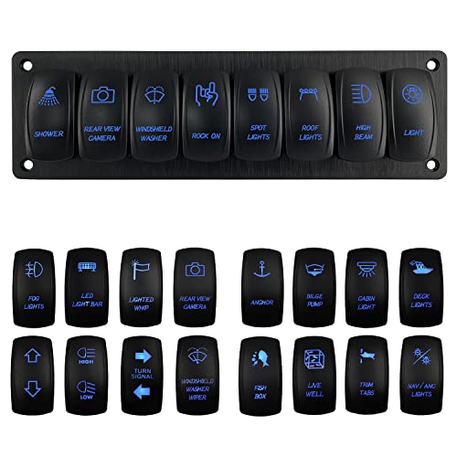 Image of 8 Gang Customizable Rocker Switch Panel Blue Led Pre-Wired Aluminum Toggle Switch Panel with Holder Housing Bracket for Car Boat RV Trailer UTV Van Motorcycle Dash 12V 24V IP66 Waterproof