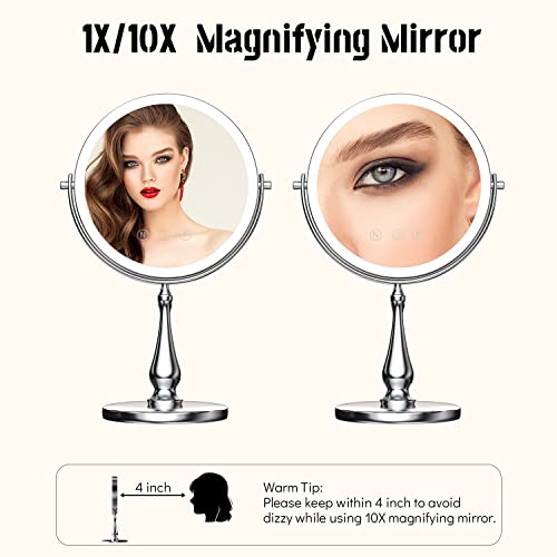 Wizchark 9" Large Lighted Makeup Mirror, 1X/10X Magnifying Vanity Mirror With 3 Colors Dimmable Lightning, 60 Led Lights, 360°Rotation Double Sided Standing Desk Mirror #TOP5